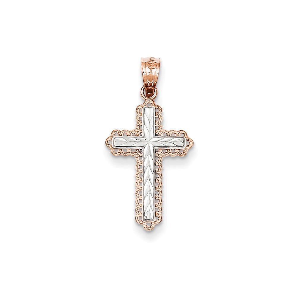 14k Rose Gold Rhodium Diamond Cut Cross Pendant