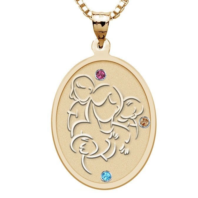 Mother with Daughter and Two Sons with Birthstones - Oval Pendant