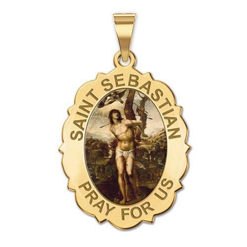Saint Sebastian - Scalloped  Oval Religious Medal "Color EXCLUSIVE"