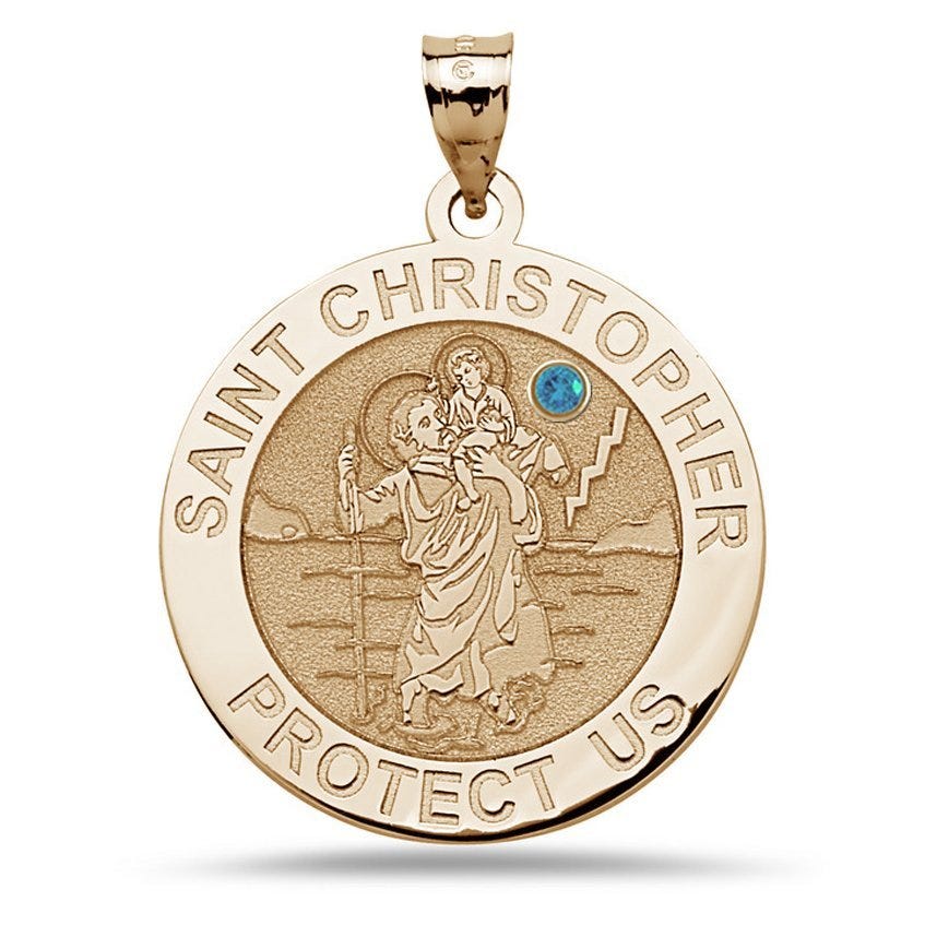 Saint Christopher Religious Round Medal w/ Birthstone