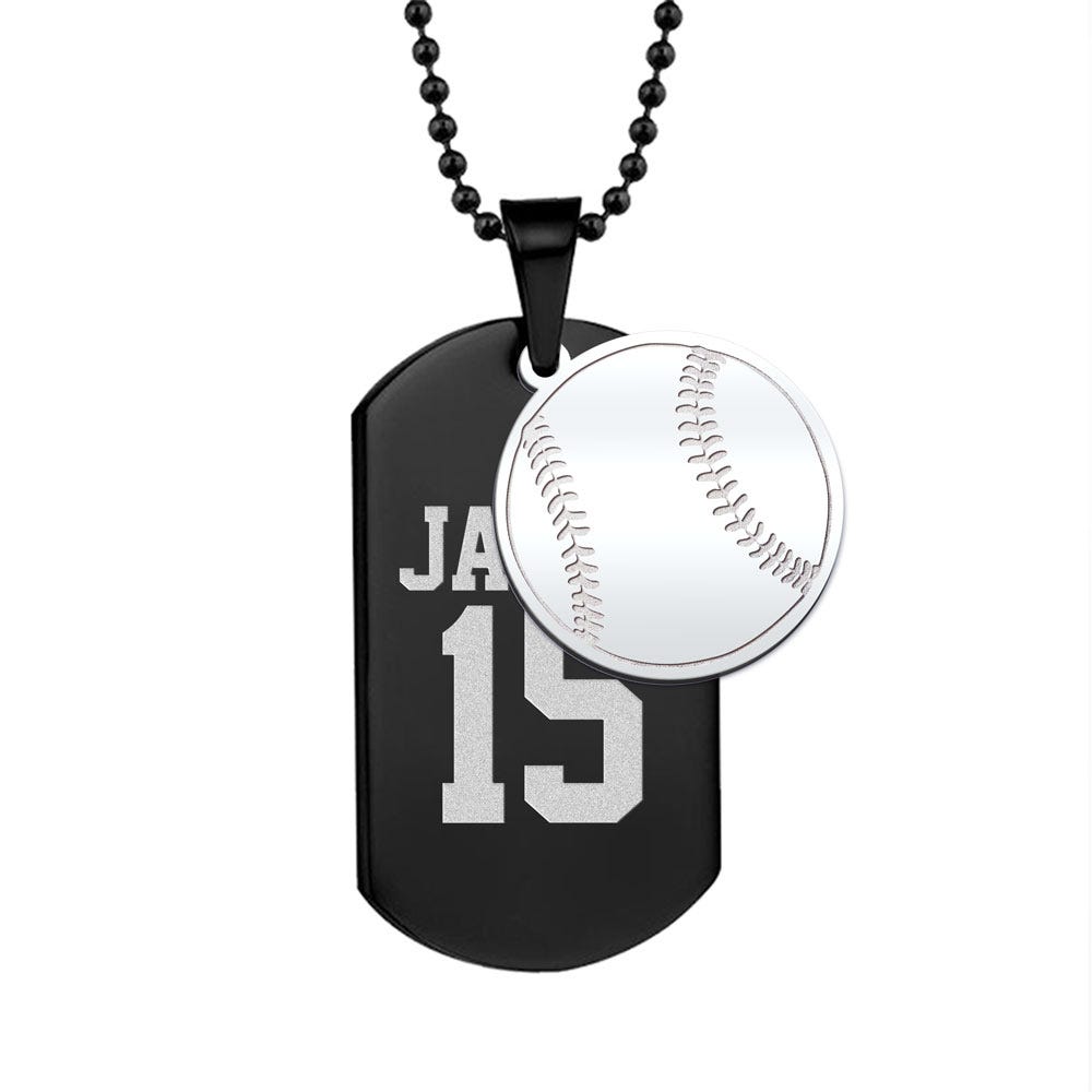 Black Stainless Steel Sports Name and Number Dog Tag w/ Baseball Charm