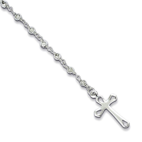 Sterling Silver & Freshwater Cultured Pearl Rosary Cross Bracelet - 7.5 Inch Sterling Silver Rosary Bracelet