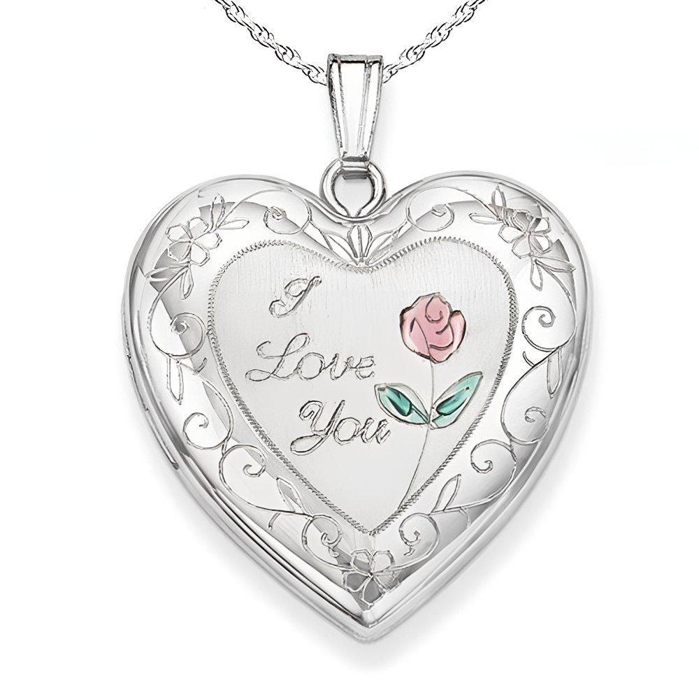 Silver I Love You with Enamel Flower Heart Photo Locket