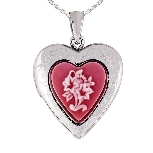 Silver Pink Floral Cameo Heart Photo Locket