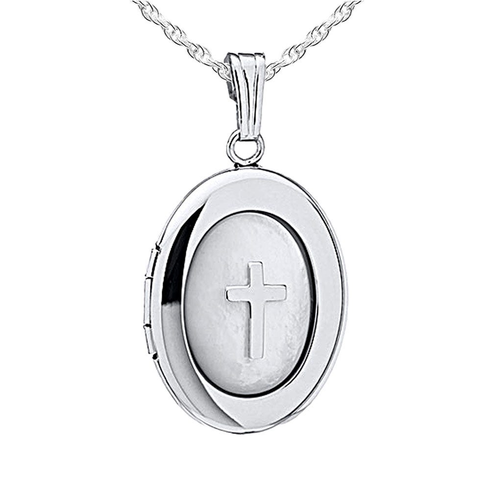 Silver Mother of Pearl Cross Oval Photo Locket