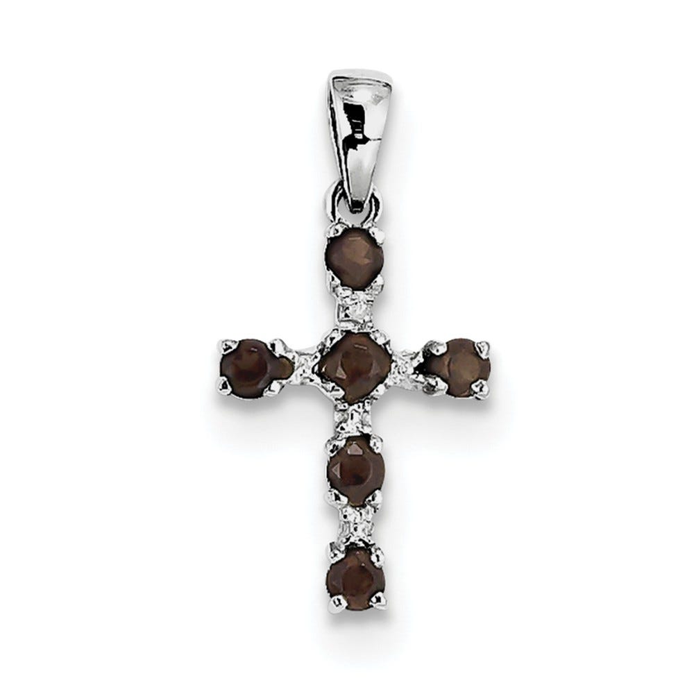 Sterling Silver Rhodium Smoky Quartz & Diamond Cross Pendant