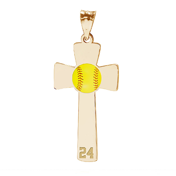 Softball Color Enameled Cross Pendant w/ Number