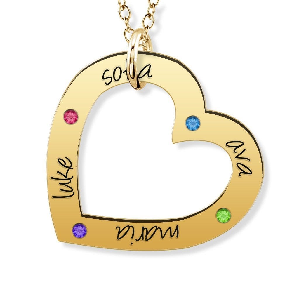 Personalized Heart Pendant with up to 4 Birthstones & Names
