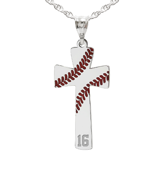 Baseball Stitch Enameled Cross Pendant w/ Number