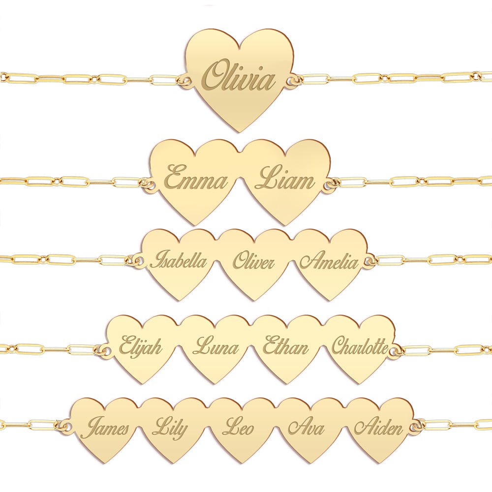 Personalized Family Heart Bracelet with up to 5 Name Hearts with Paperclip Chain Included