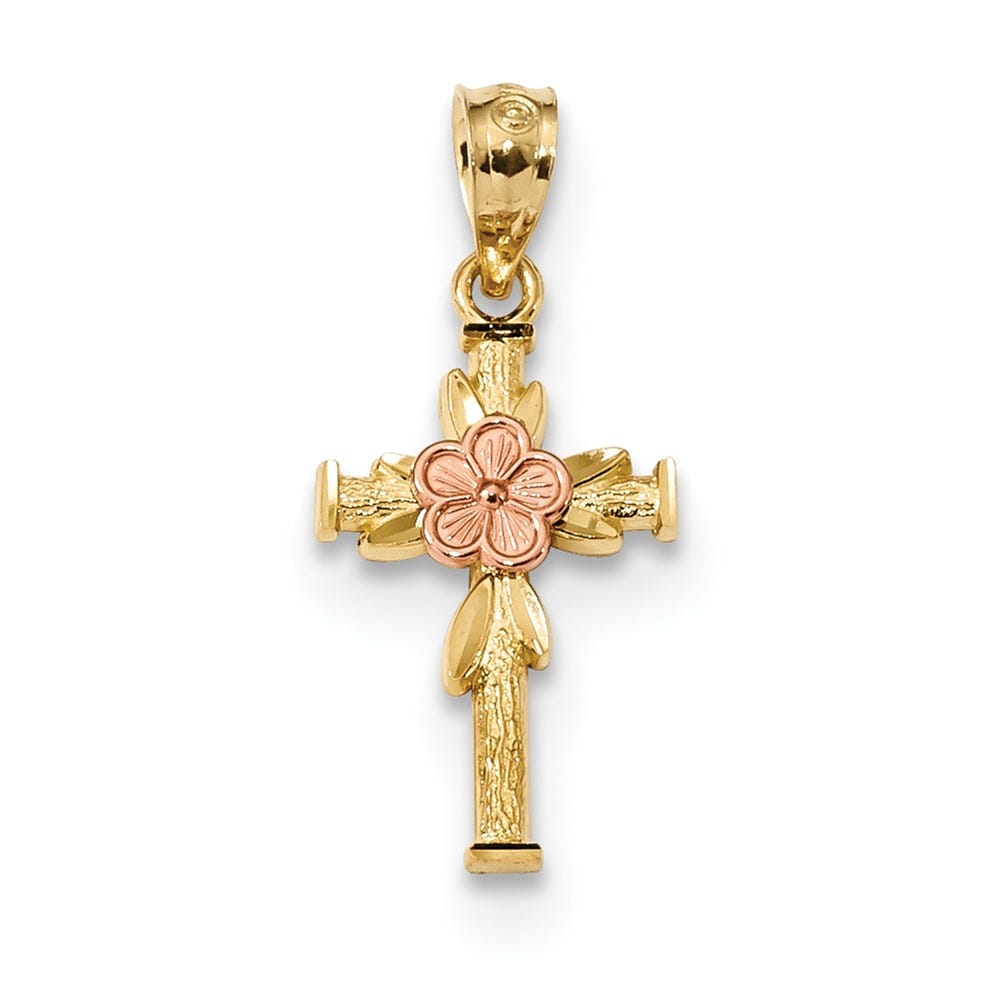 14k Yellow & Rose Polished D/C Cross w/Flower Pendant