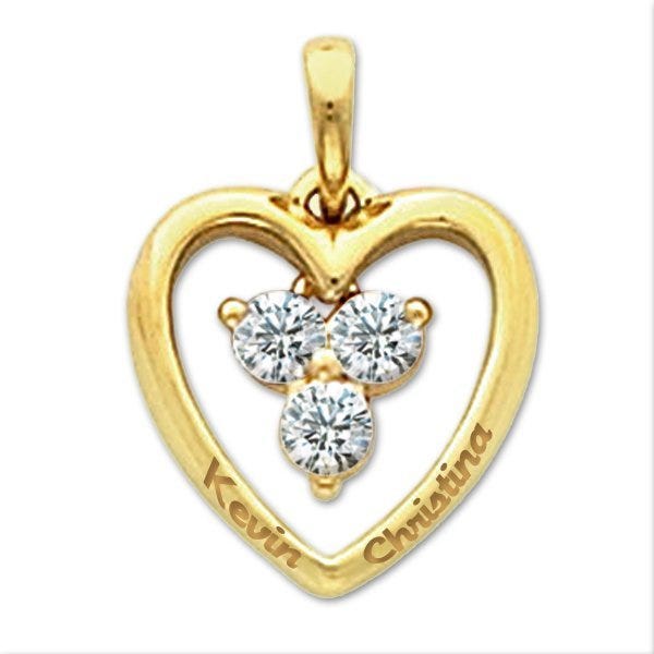 Personalized Sterling Silver Couple's Heart  Pendant w/ Three CZ's