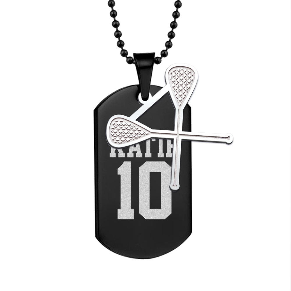 Black Stainless Steel Sports Name and Number Dog Tag w/ Lacrose Charm