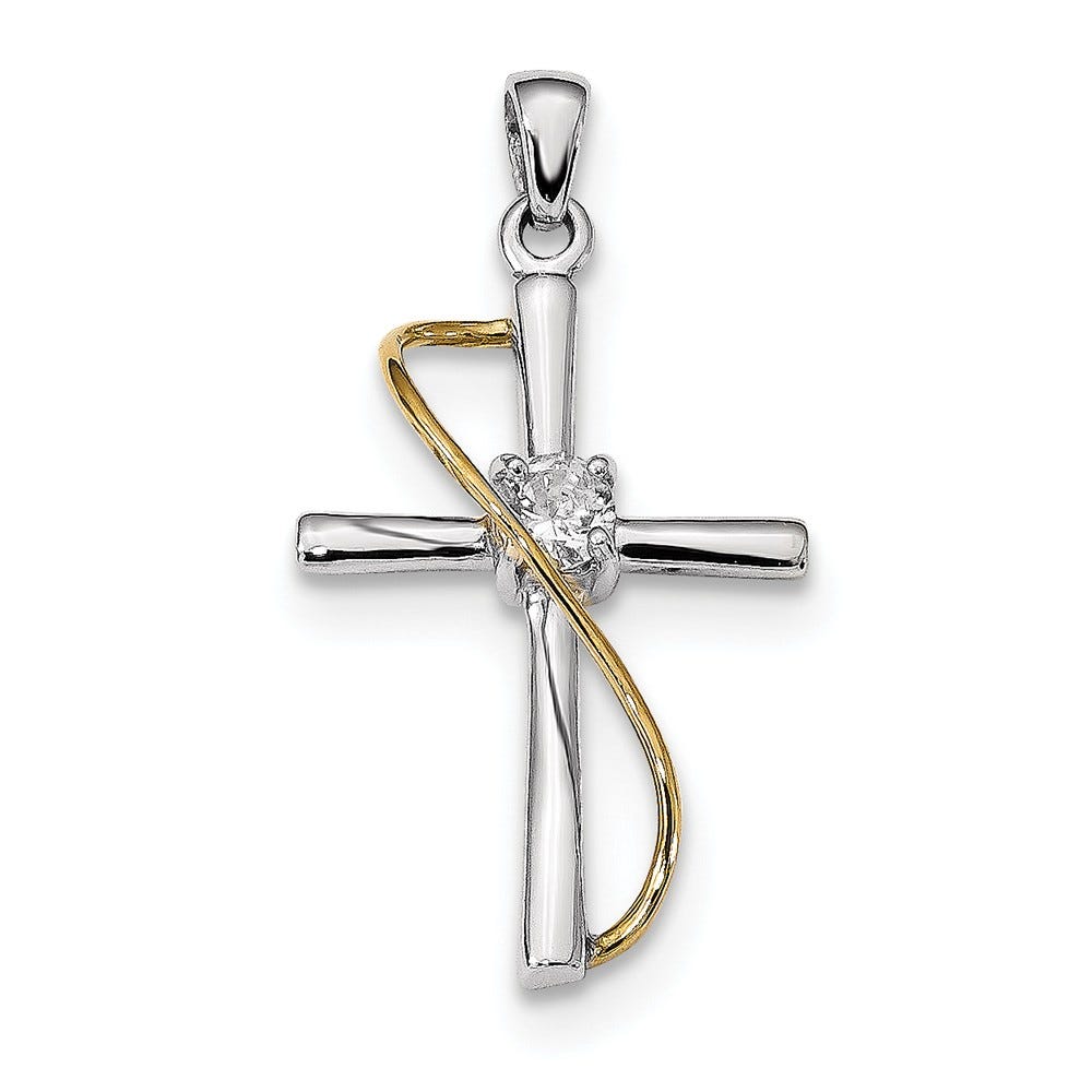Sterling Silver Rhodium & Gold-tone Polished w/CZ Cross Pendant