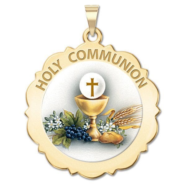 Holy Communion Scalloped Round Religious Medal Color