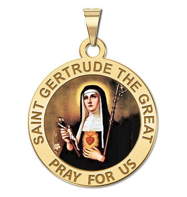 Saint Gertrude The Great Round Religious Medal Color