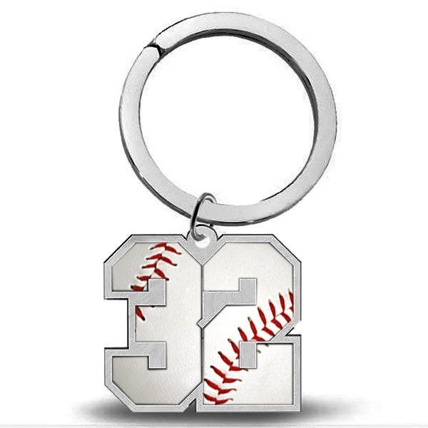 Sterling Silver Baseball Number & Stainless Steel Key Ring with 1 or 2 Digits