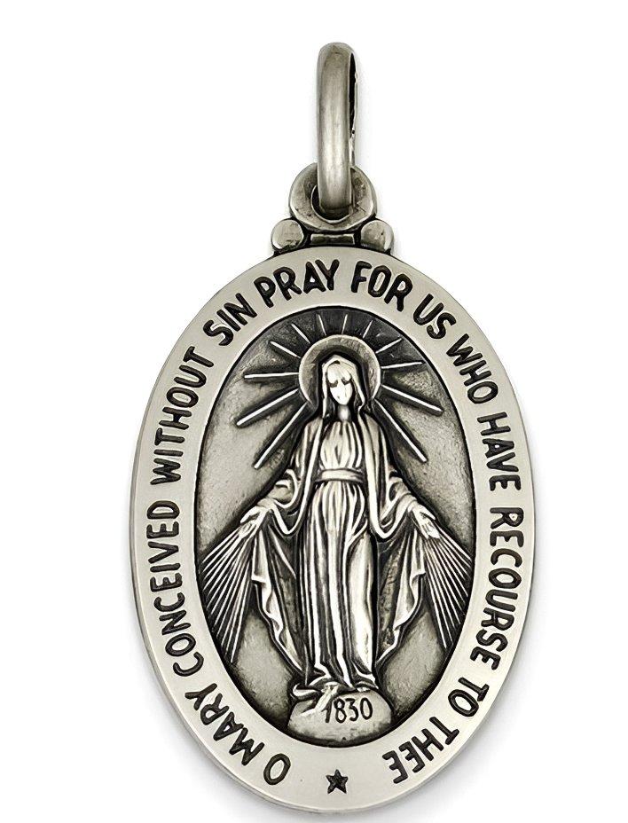 Sterling Silver Antiqued Miraculous Medal Pendant Charm