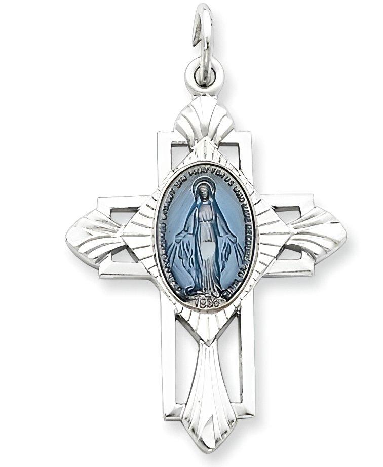 Sterling Silver Miraculous Religious Medal Cross Pendant w/ Epoxy Resin