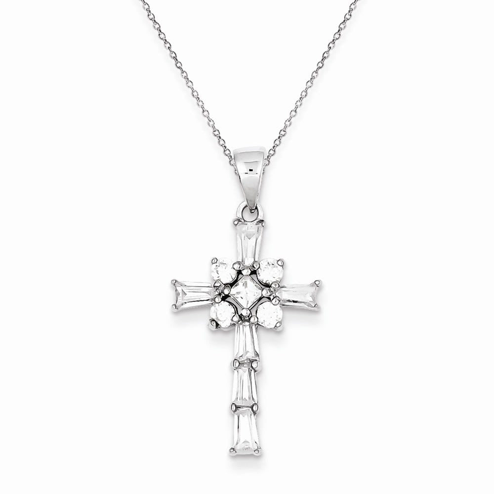 Sterling Silver Rhodium Plated CZ Latin Cross Pendant