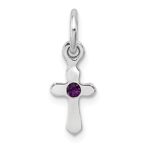 Sterling Silver RH Plated Child\'s Preciosca Crystal Feb Cross Pendant