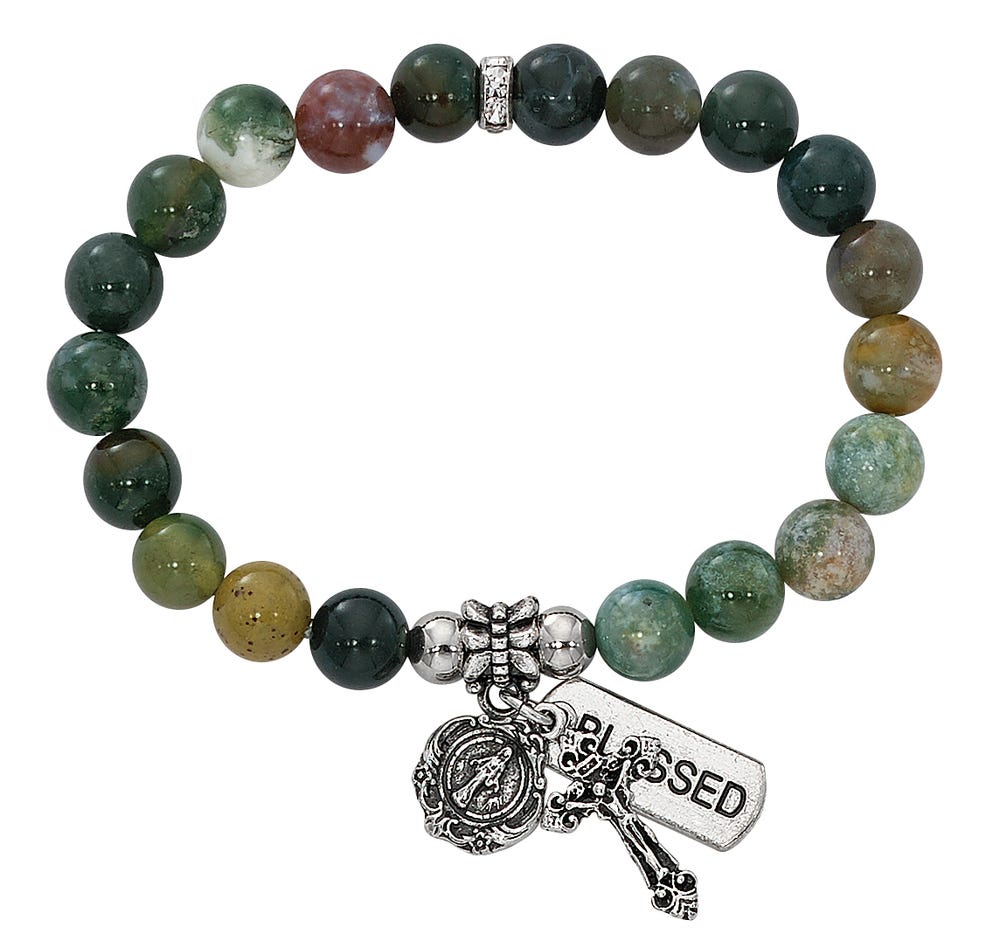 Two Decade Rosary Stretch Bracelet with Simulated India Agate Beads