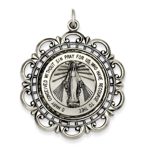 Sterling Silver Miraculous Medal Antiqued Scalloped Round Pendant