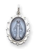 Sterling Silver Scalloped Oval Miraculous Religious Medal Pendant w/ Epoxy Resin