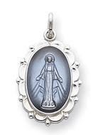 Sterling Silver Scalloped Oval Miraculous Religious Medal Pendant w/ Epoxy Resin