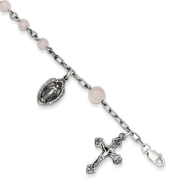 Sterling Silver  Rose quartz Rosary Bracelet /with Miraculous Medal - 6-1/2 Inch Sterling Silver Rosary Bracelet