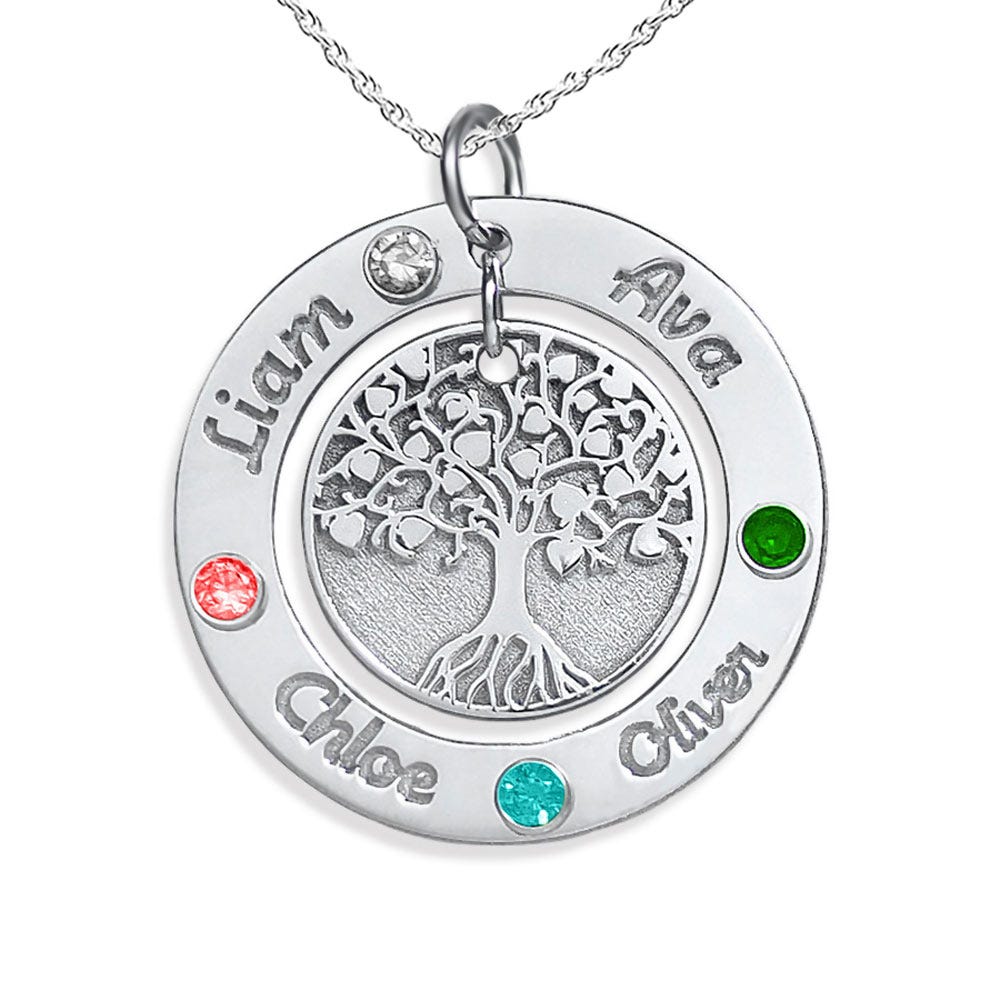 Personalized Round Family Tree Pendant with 4 Birthstones & Names