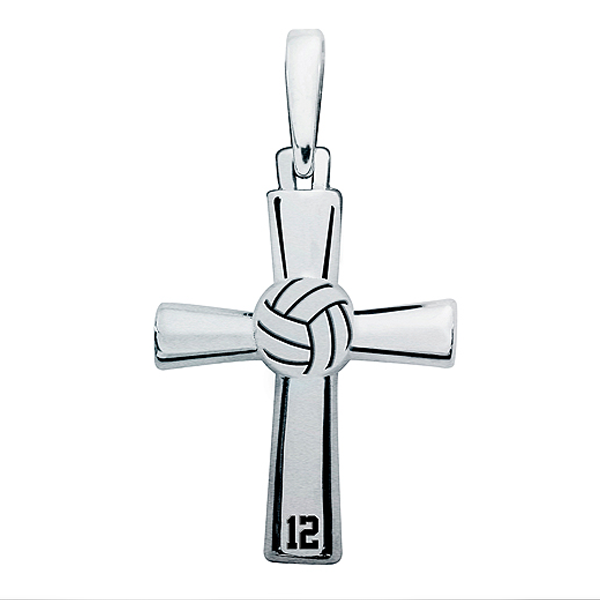 Sterling Silver High Polished Volleyball Cross w/ Number