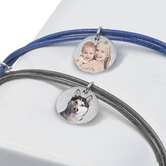Sterling Silver Leather Rope Bracelet w/ Photo Engraved Charm