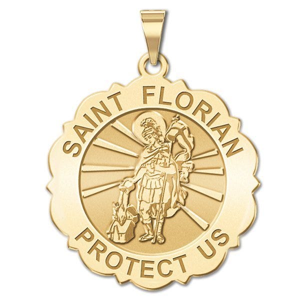 Saint Florian Scalloped Round Religious Medal  "EXCLUSIVE"