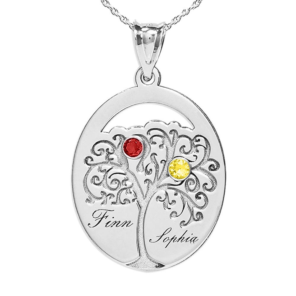 Personalized Family Tree Pendant with 2 Names and Birthstones- Includes 18 Inch Chain