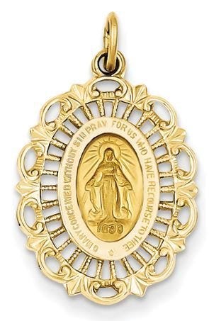14K Yellow Gold Miraculous Medal Fancy Border Oval Pendant