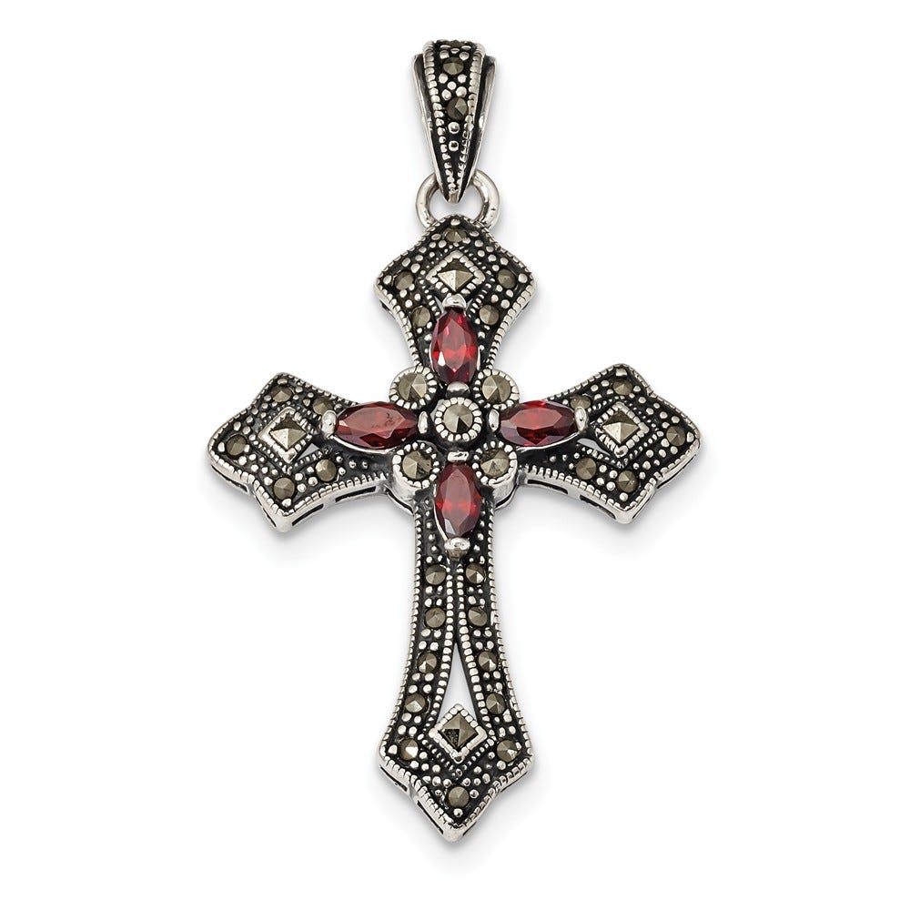 Sterling Silver Red CZ & Marcasite Cross Pendant