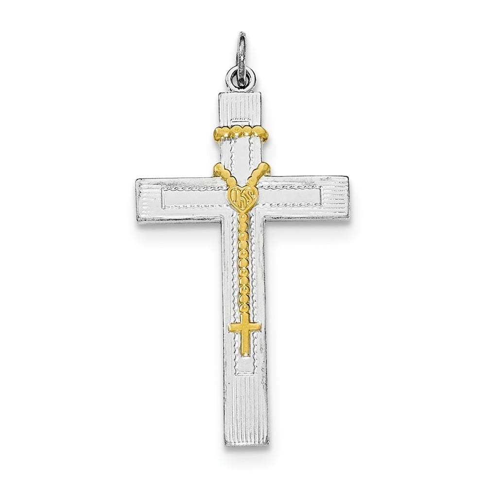 Sterling Silver Rhodium-plated & Gold-tone Rosary on Cross Pendant