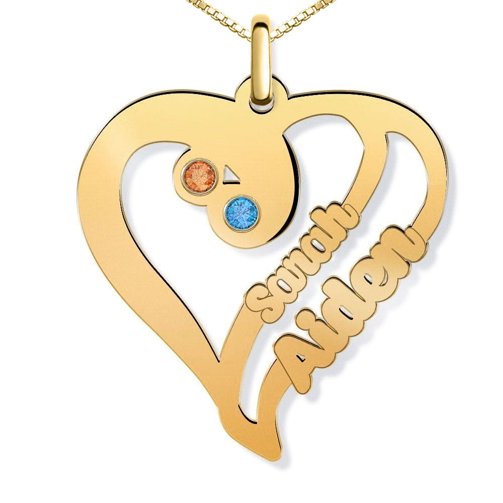 Personalized Heart Pendant with 2 Names & 2 Birthstones