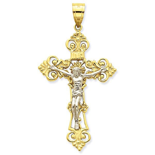 14K Two-Tone Gold Fleur De Lis Crucifix Pendant