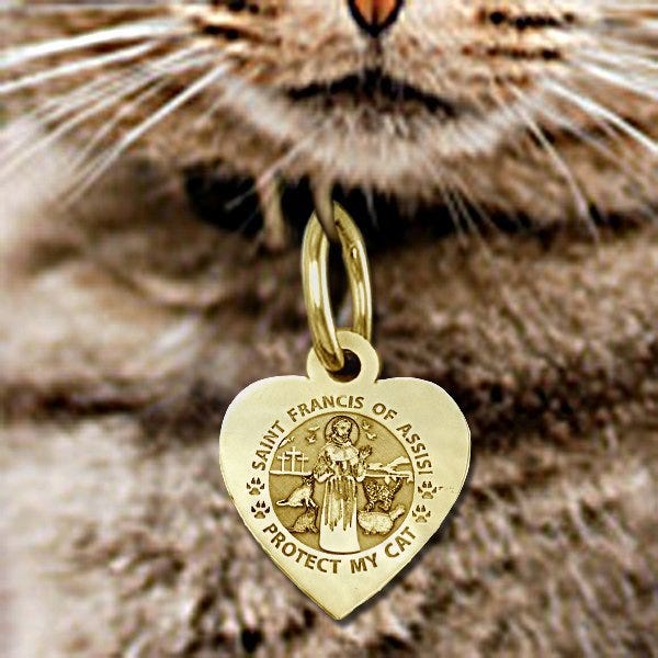 Saint Francis of Assisi - " Protect My Cat " Heart Shaped Pet Tag