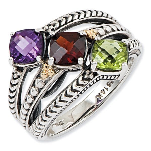 Sterling Silver & 14k Three-stone  Antiqued Mother's Ring