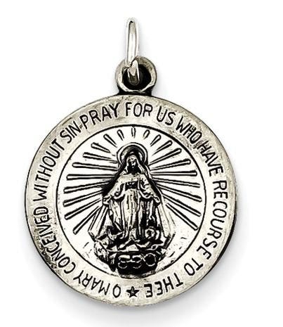 Sterling Silver Antiqued Petite Round Miraculous Religious Medal Pendant Charm
