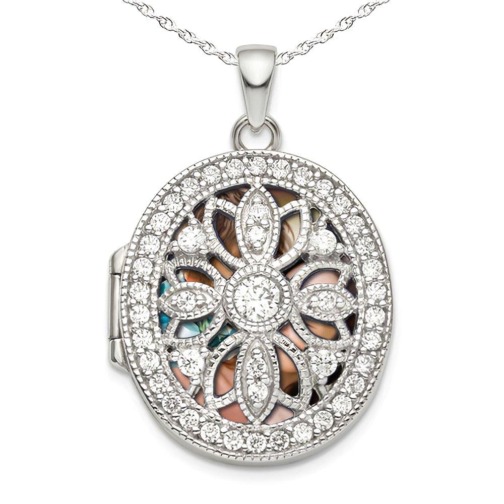 Silver Pierced Oval Photo Locket with Cubic Zirconia