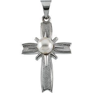 14K White Gold CROSS W/PEARL PENDANT