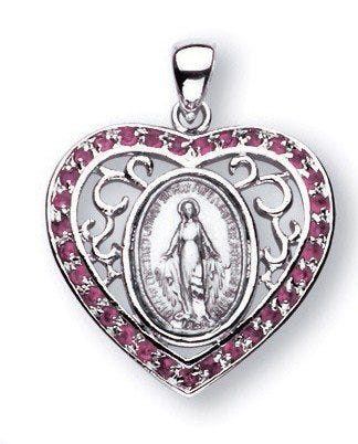 Sterling Silver Miraculous Medal w/ Pink Cubic Zirconias