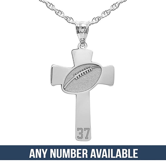 Football Stitch Engraved Cross Pendant w/ Number
