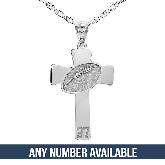 Football Stitch Engraved Cross Pendant w/ Number