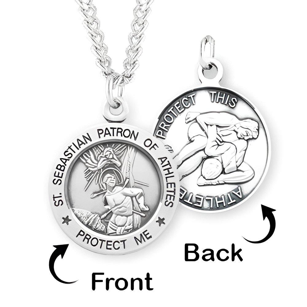 Sterling Silver Saint Sebastian Sided Wrestling Round Religious Medal w/ Chain