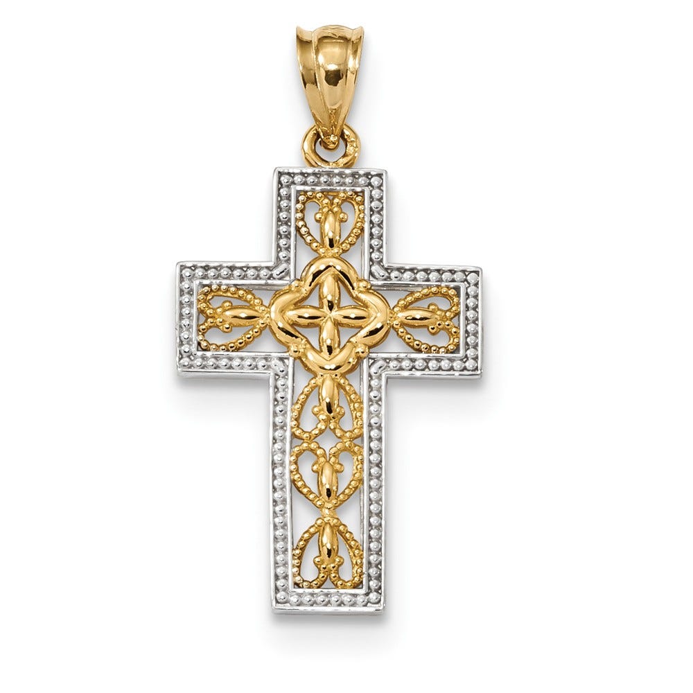 14k w/White Rhodium Polished Filigree Cross Pendant